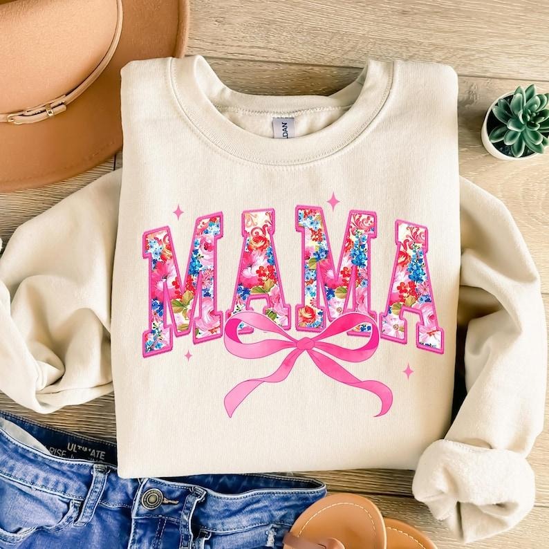 Pink Mama Coquette Floral Mama Varsity , Mothers Day , Gift for Mom, Lace Coquette Bow Sweatshirt