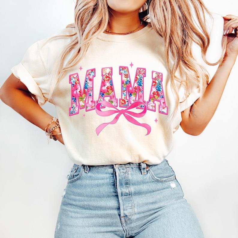 Pink Mama Coquette, Floral Chinoiserie, Mama Varsity, Mothers Day Tshirt, Embroidery Lace Bow Tshirt