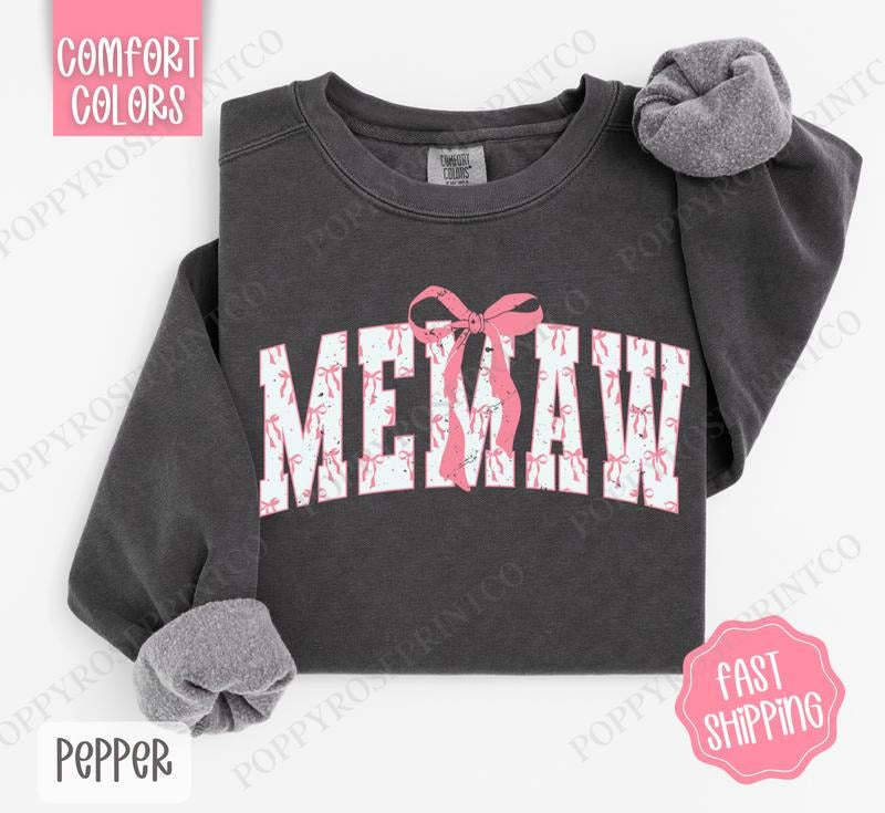 Pink Memaw Bow Comfort Colors Sweatshirt, Women's Crewneck, Cute Women's Sweater