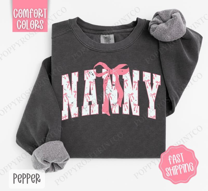 Pink Nanny Bow Comfort Colors Sweatshirt, Women's Crewneck, Cute Women's Sweater T-Shirts, Hoodie | WearSparks.com