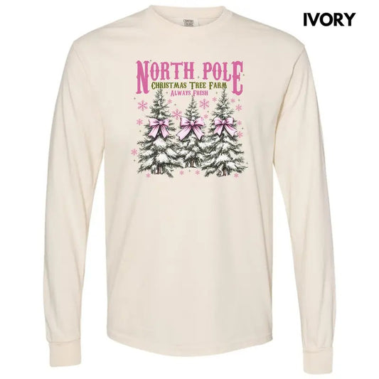 Pink North Pole Tree Farm Long Sleeve Comfort Colors T-Shirt 'NLB'