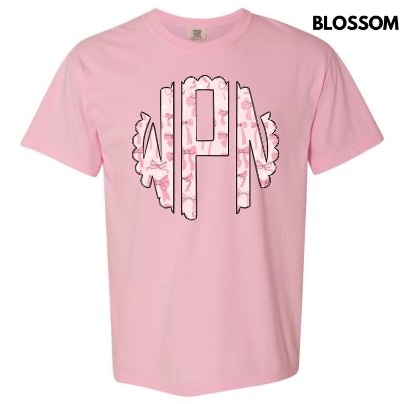 Pink Ribbons & Bows Monogram Comfort Colors T-Shirt 'NLB'