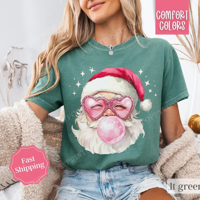 Pink Santa Bubble Shirt Comfort Colors Christmas Tshirt, Coquette Xmas Tshirt, Women's Holiday Tee