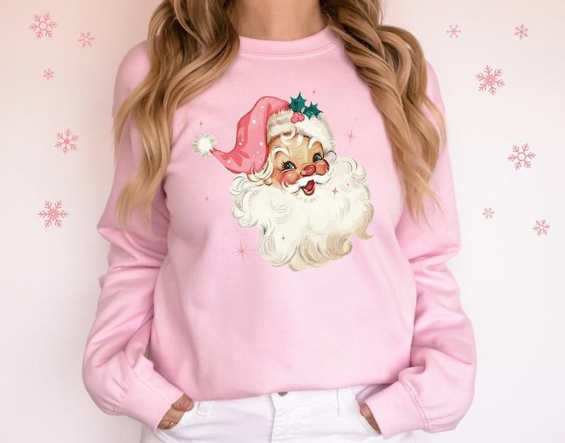 Pink Santa Christmas Sweatshirt Gift for Woman Christmas Christmas,Holiday Hoodie and Sweater; T-shirt Cotton Polyester Womenswear Light Solid