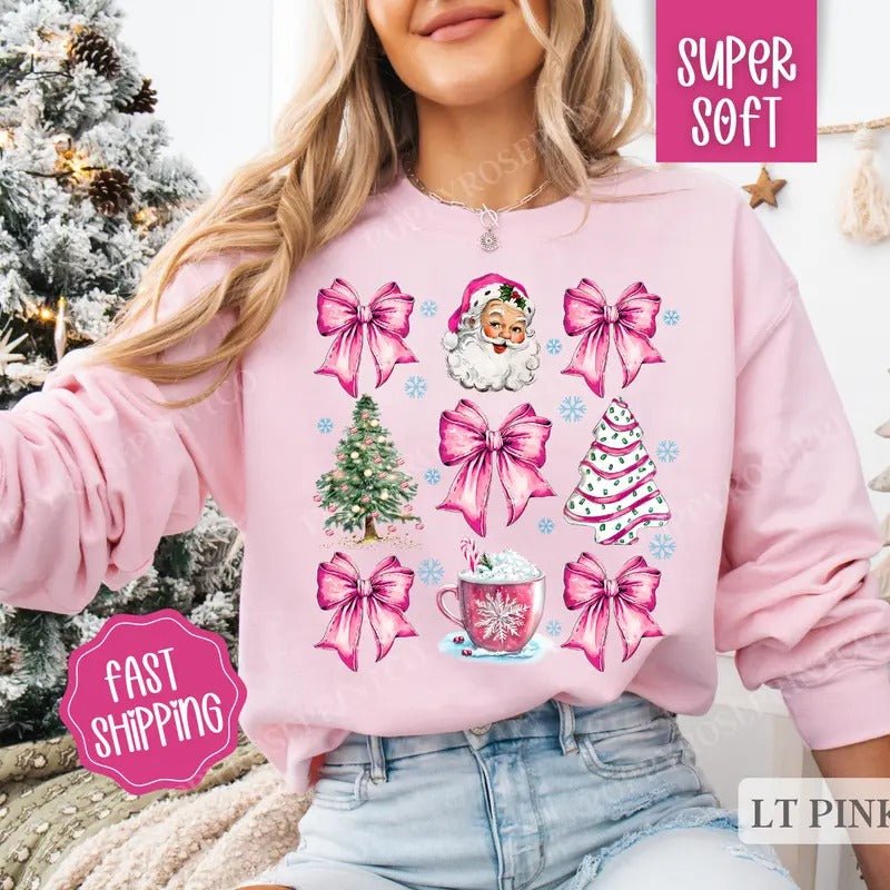 Pink Santa Christmas Sweatshirt, Merry Christmas Sweater, Women's Holiday Crewneck funny santa