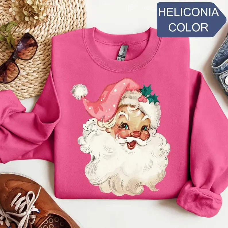 Pink Santa Retro Christmas T-Shirts Sweatshirts for Women Pink Christmas Matching Family Sweaters Pink Vintage Holiday Crewneck Group Partystyle{n002}2