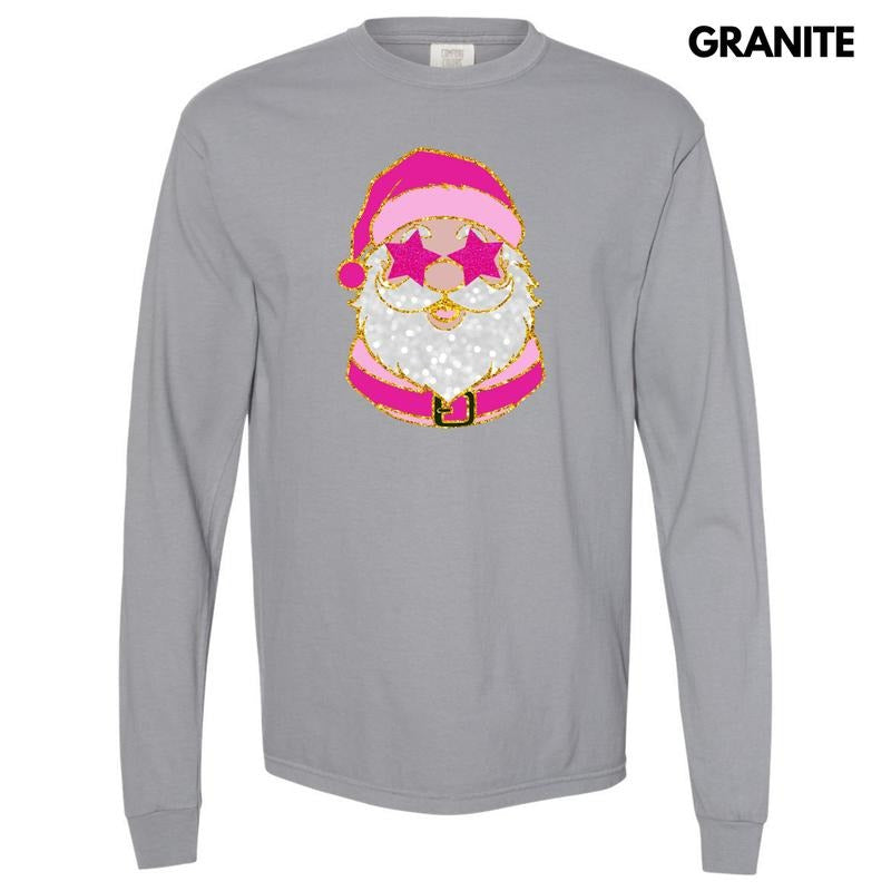 Pink Star Eyes Santa FAKE Glitter Long Sleeve Comfort Colors T-Shirt 'NLB'