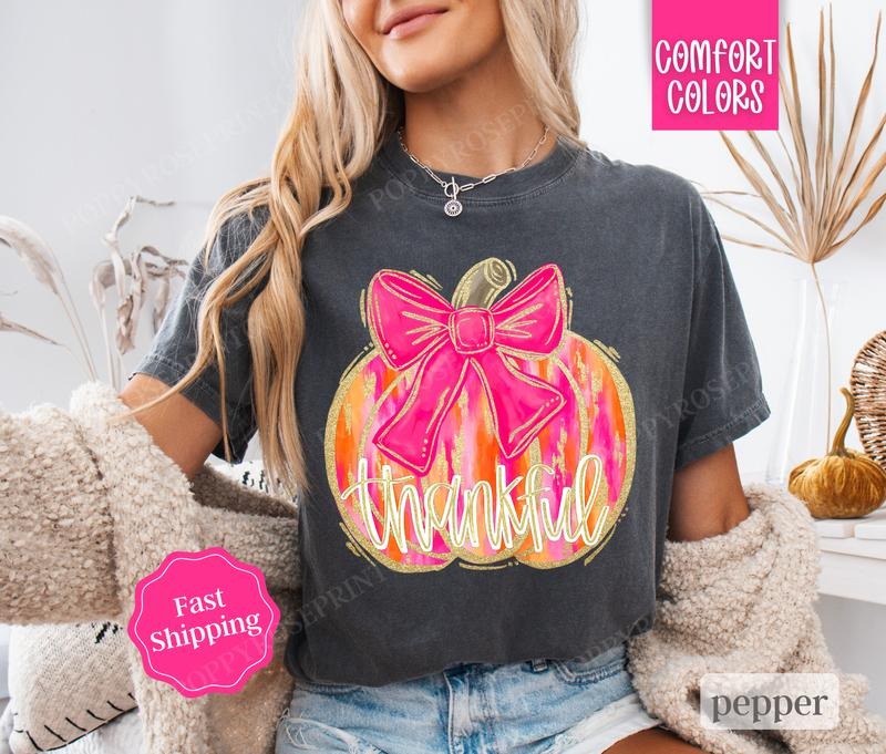 Pink Thankful Bow Shirt Comfort Colors, Coquette Thanksgiving Tshirt, Women's Fall Tee Hoodie, Sweatshirt | WearSparks.com