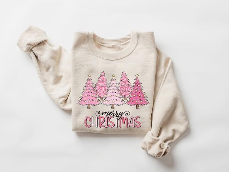 Pink Tree Christmas Sweater - Women's Winter Sweatshirt with Christmas Tree Design, Long Sleeves, Comfortable Cotton and Polyester Blend