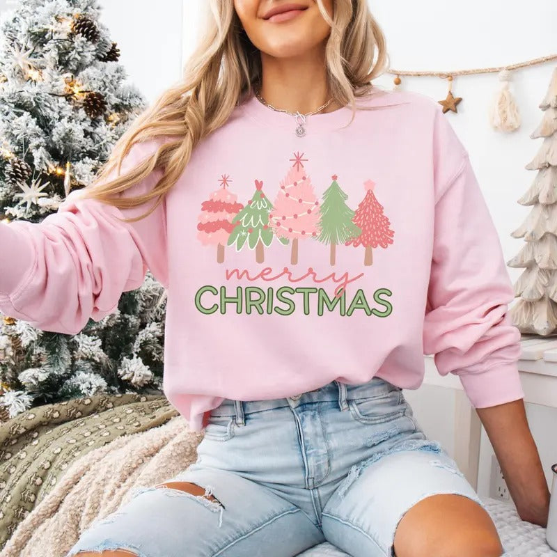 Pink Tree Christmas Sweatshirt, Pink Christmas Sweater, Merry Christmas Pink Tree Sweatshirt, Womens Holiday Shirt, Cute Christmas Sweater, Xmas Christmas Tee