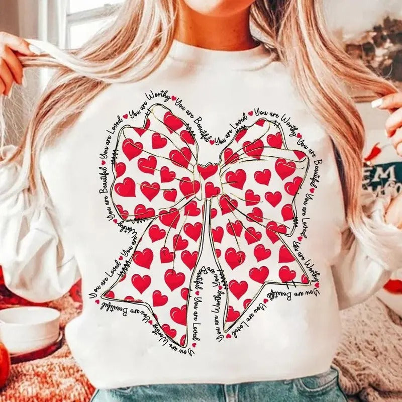 Pink Valentine Coquette Heart Sweatshirt, You Are Loved Valentine's Day T-Shirt, Glitter Brushstroke Valentine Crewneck Oversized