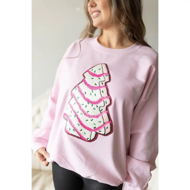 Pink tree cake Chenille Patch Sweatshirt | Holiday Christmas Sweatshirt