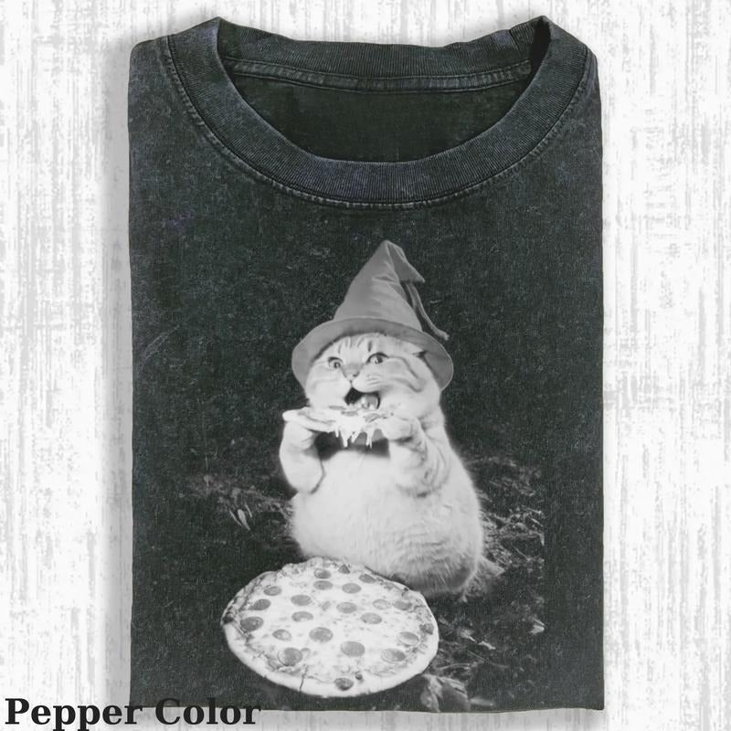 Pizza Lover Cat Vintage Tee, Cat T-Shirt, Meme Cringe Funny Dumb Shirts, Unisex Movie Shirt Menswear Womenswear Streetwear