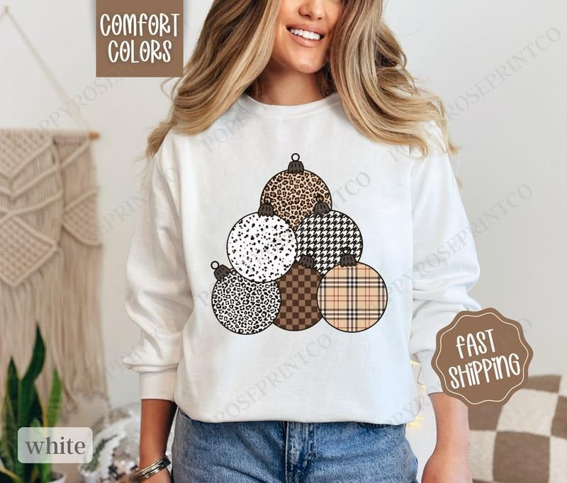 Plaid Christmas Ornament Sweatshirt Comfort Colors, Preppy Christmas Crewneck, Womens Holiday Sweater