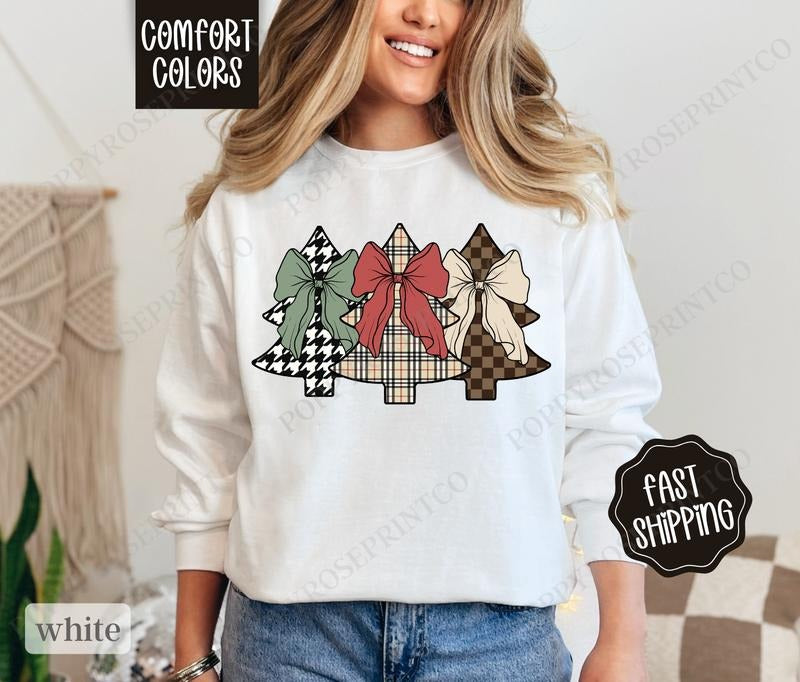 Plaid Christmas Tree Sweatshirt Comfort Colors, Preppy Christmas Crewneck, Womens Holiday Sweater