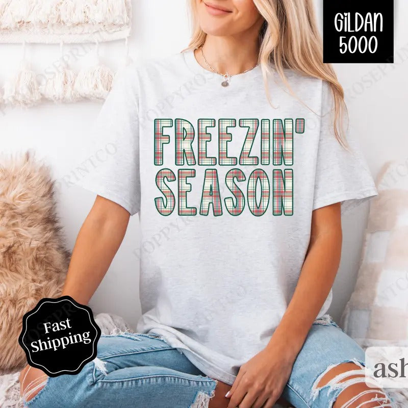 Plaid Freezin' Season Shirt Gildan, Trendy Women's Tee, Winter Women's Tshirt Plus Sizes Hoodie, Sweatshirt | WearSparks.com