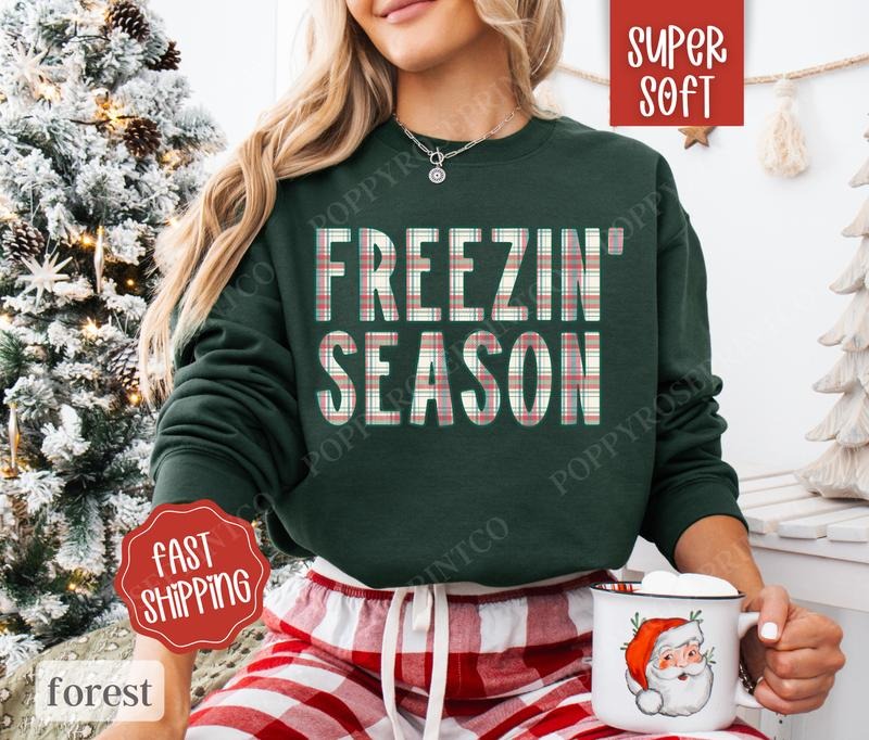 Plaid Freezin' Season Sweatshirt, Cute Women's Crewneck, Winter Women's Sweater T-Shirts, Hoodie | WearSparks.com
