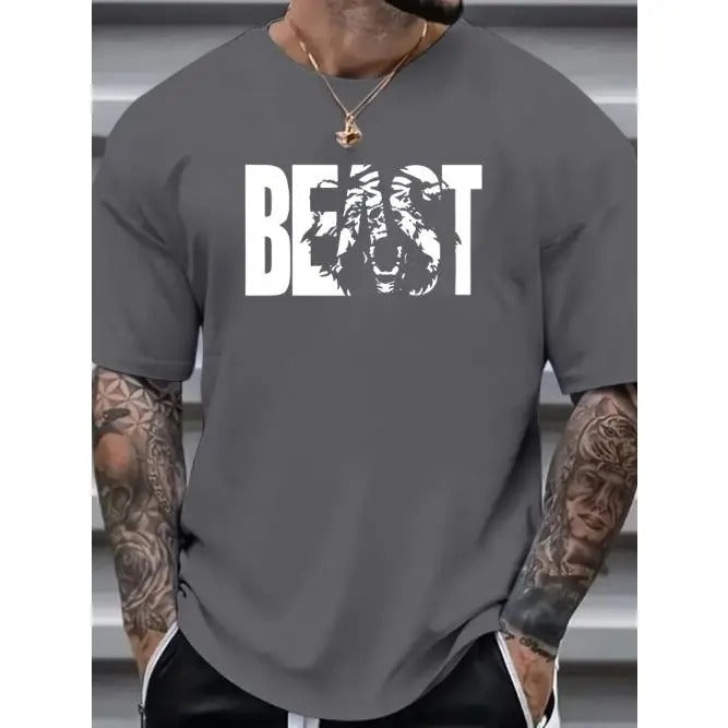 Plus Size Beast Print Casual Tee - Breathable, Comfy, Short Sleeve Summer T-Shirt for Men - Relaxed Fit, Soft Fabric, Vibrant Graphic PrintMade in USA