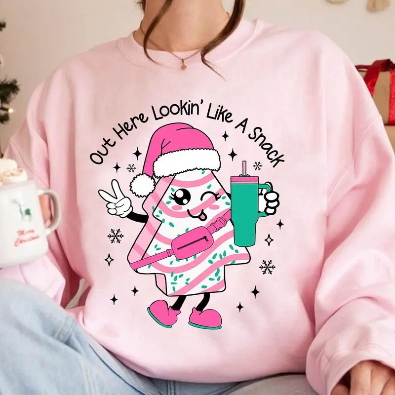 Plus Size Christmas Print Pullover Sweatshirt, Out Here Lookin Like A Snack Crew Neck Sweatshirt For Fall & Spring, Women's Plus Size Clothing