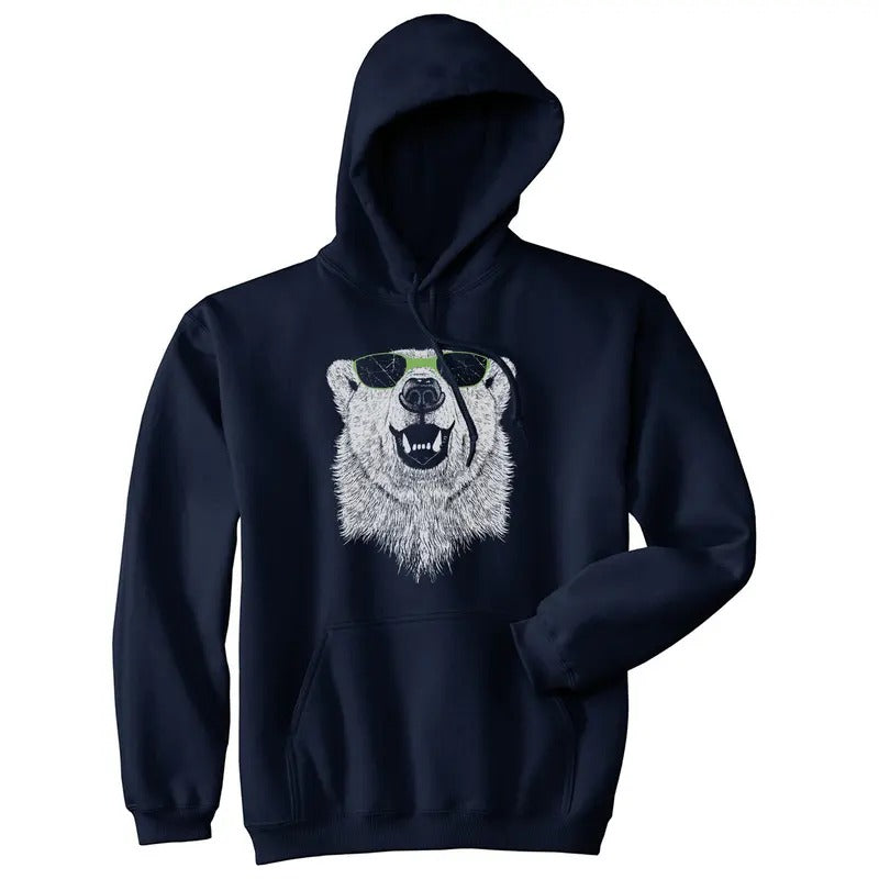Polar Bear In Sunglasses Graphic Funny Cool Unisex Pull Over Hoodie Funny Hoodies Funny Animal Pullover Novelty Sweatshirt Navy