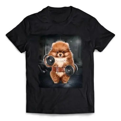 Pomeranian Dog Muscle Workout with Dumbbells at Gym - Short-Sleeve Unisex T-Shirt Made in USA
