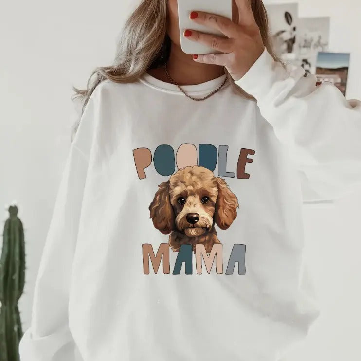 Poodle Mama Crewneck, Retro Cotton, Crewneck Fashion Fit Sleeve Comfortable Cute, CASUAL COTTON CREWNECK HOODIE, WOMENS SWEATSHIRT Womenswear Athletic Basic Day Long Sleeves Mama