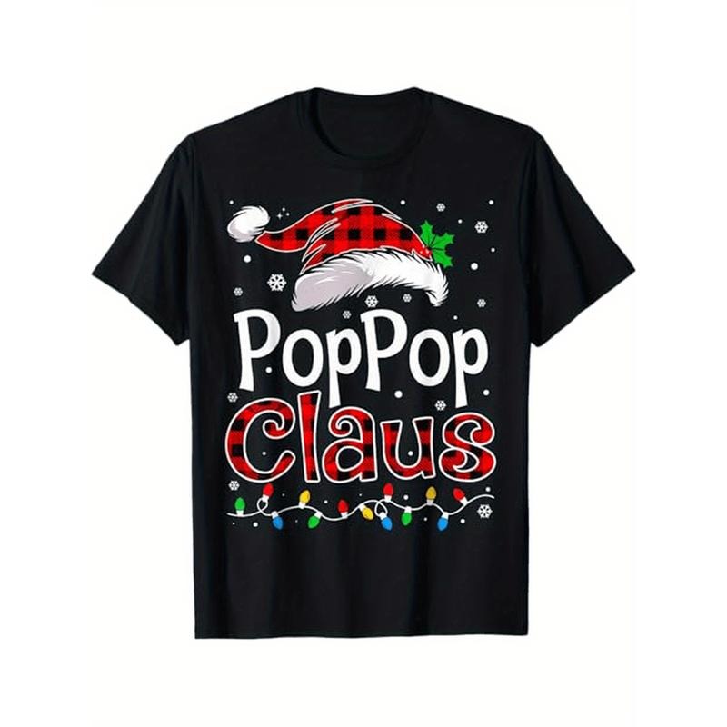 PopPop Claus Christmas T-Shirt for Men, 100% Cotton Casual Round Neck Tee, Festive Print with Christmas Lights, Stretch Fabric, Regular Fit, Holiday Top for Grandpa, S-XXXL Made in USA