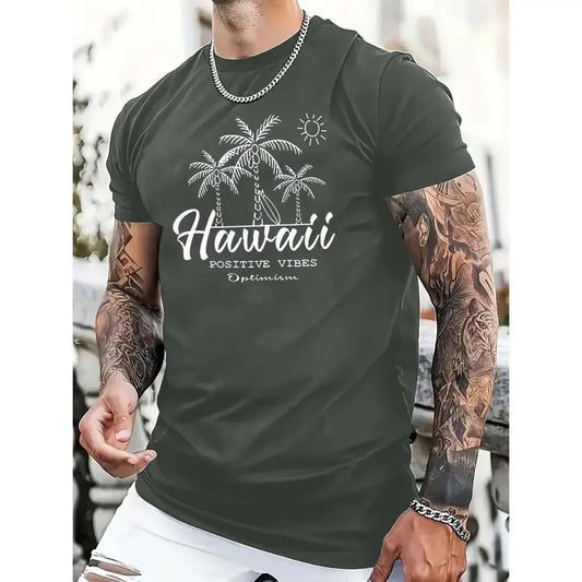 "Positive Atmosphere" Pattern Printing Casual Novel Men's T-shirt, Short-sleeved Summer Shirt, Comfortable Fit, Fashionable Street Style Round Neck T-shirt, Suitable For Daily And Outdoor. Made in USA