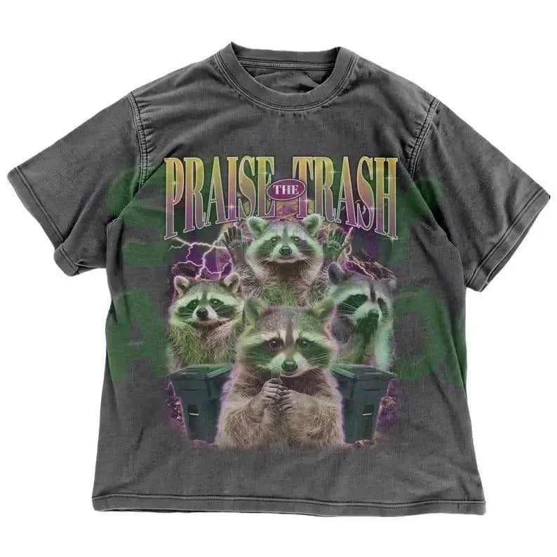 Praise The Trash Raccoon T-Shirt | Funny Meme Tee | Worship Trash Panda Ironic Shirt | Vintage Opossum Graphic Tee | Wildlife Lover Gift Menswear Top