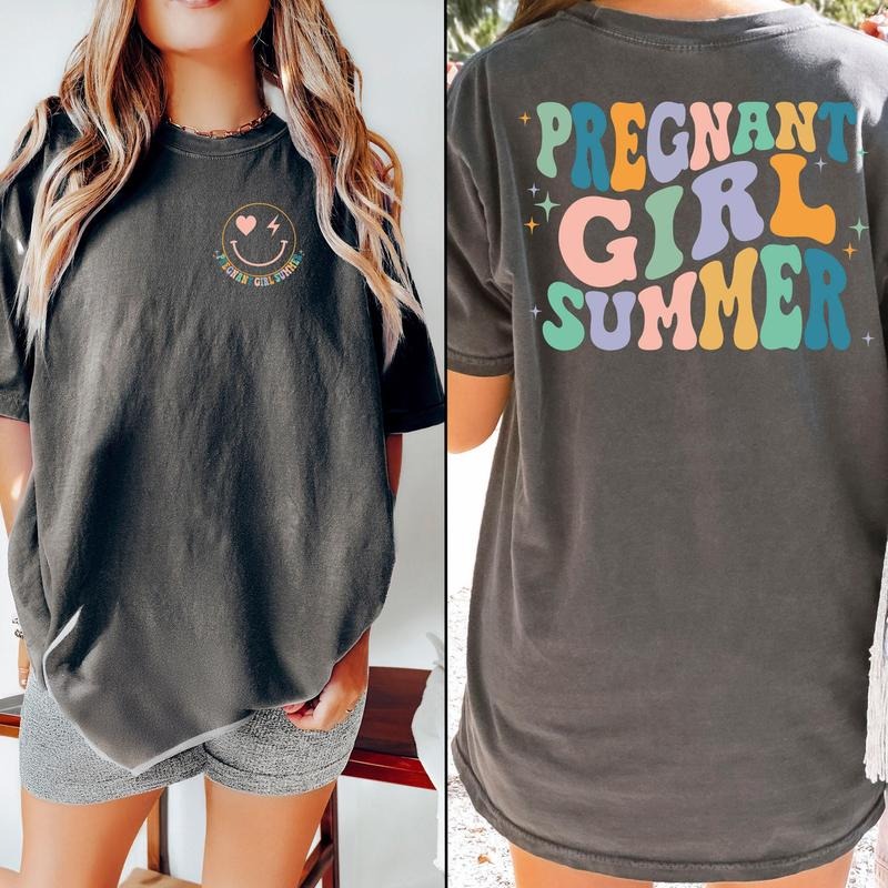 Pregnant Girl Summer Shirt, Retro Pregnant Girl Tshirt, Baby Announcement Shirt, Pregnancy Reveal Tee, Baby Shower Gift, Mom Shirt