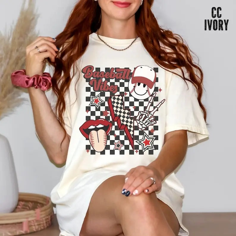 Premium Retro Checkered Baseball Vibes Graphic Tee, Baseball Shirt, Retro Baseball Shirt, Baseball Mom Shirt, Cute Vintage Graphic