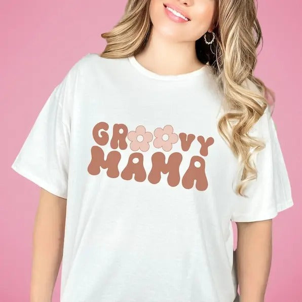 Premium Groovy Mama Shirt Bella Canvas Retro Mom Tee Vintage Tshirt Flower Momma Top Hippie Birthday Party Apparel 70s Mommy Boho Pregnancy Reveal