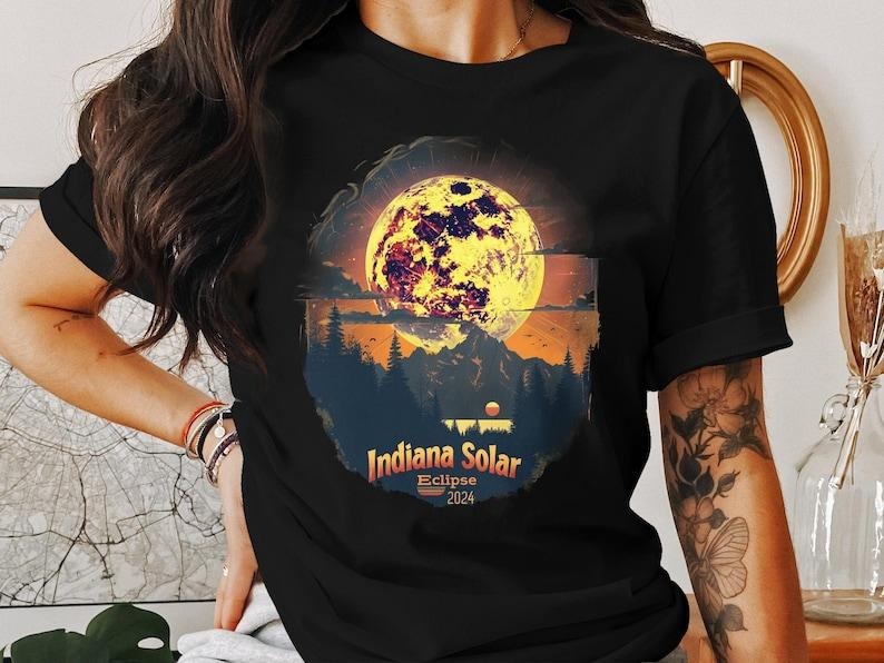 Premium Indiana Solar Eclipse 2024 T-Shirt, Indiana Eclipse Graphic Tee, Nature Astronomy Shirt, Forest and Moon Design,...