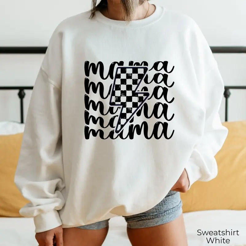 Premium Mama Sweatshirt, Trendy Lightning Themed Shirt, Minimalist Mother's Day Hoodie, Checkered Sweater For Mom, Gift...