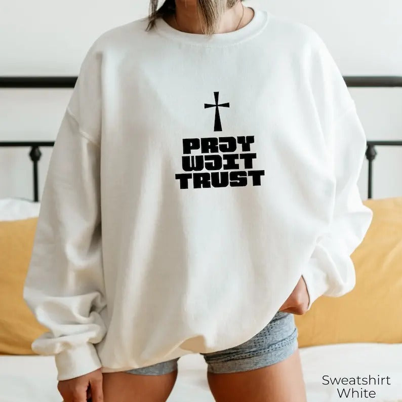 Premium Pray Wait Trust Sweatshirt, Crucifix Themed Retro Hoodie, Trust in God Faithful Shirt, Religious Vibes Sweater,...