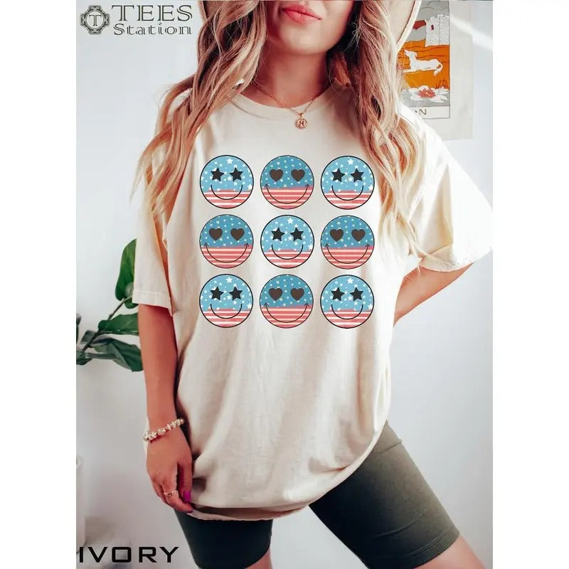 Premium USA Flag Smiley Face Shirt, 4th of July Shirt, USA Graphic Tee, 4th of July Shirt For Women, Patriotic Womens Tees