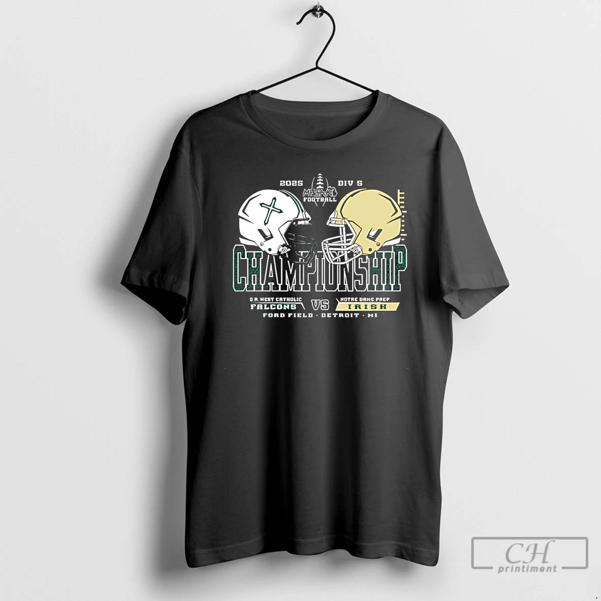 Premium Falcons Vs Irish 2025 Mhsaa Football D5 H2h Championship Helmets Christmas T Shirts Sweater Hoodie, Sweatshirt
