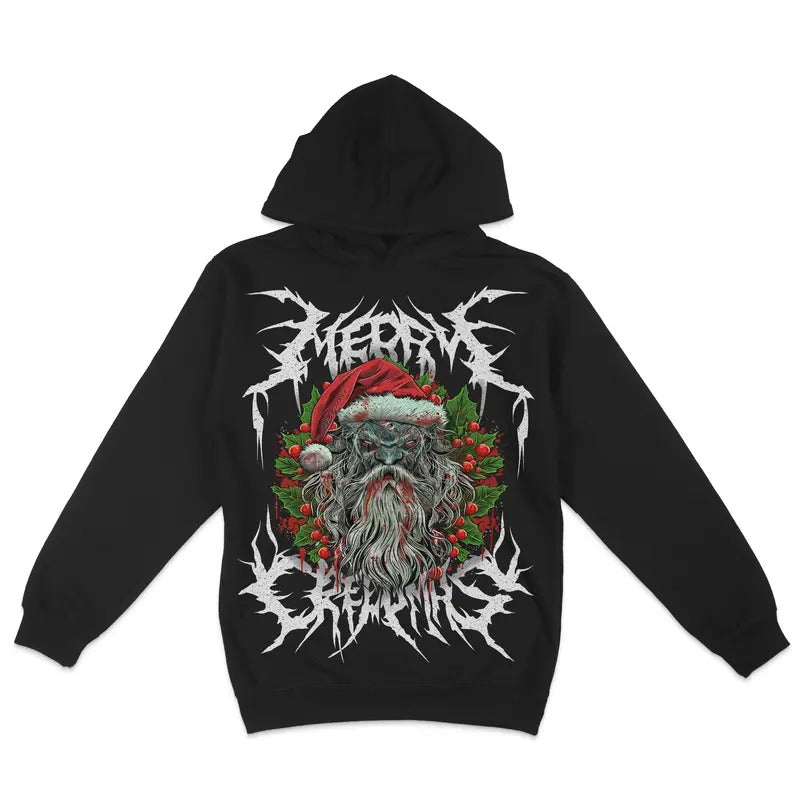 Premium Fleece Hoodie - Merry Creepmas Santa Graphic Soft Hoodie, Hoodie Pull Over, Vintage Design, Christmas