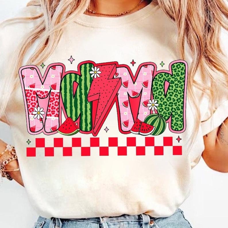 Preppy Mama Watermelon Checkered Light Bolt Custom Summer Leopard Coquette Mama T-Shirt
