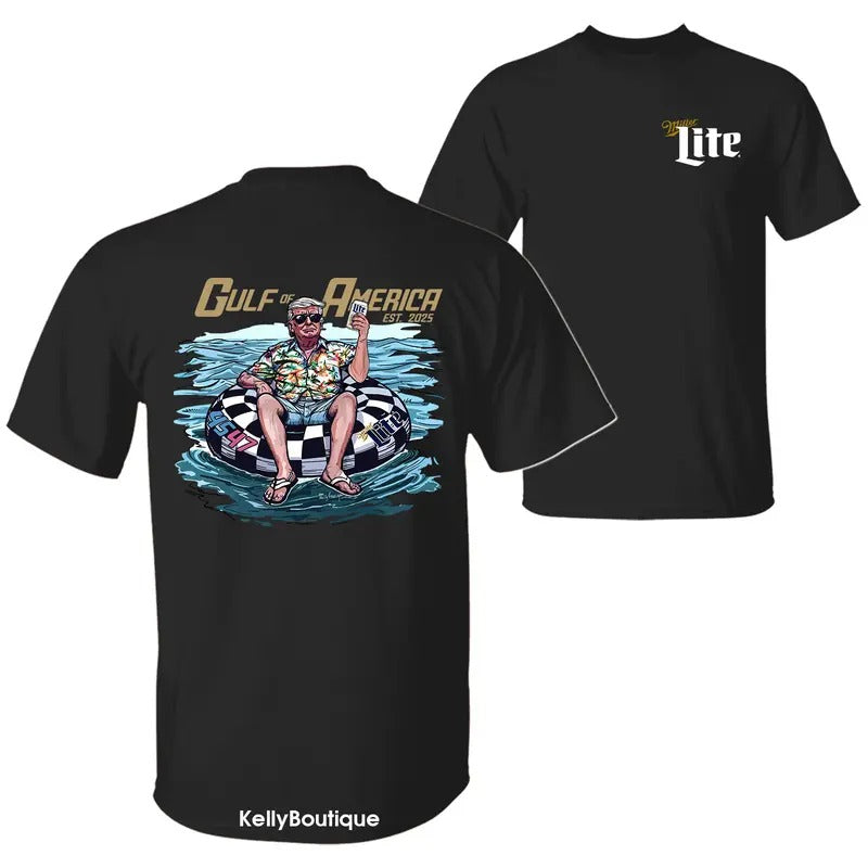 President Trump Holding Miller Lite Beer Chillin on the Gulf of America Shirt, 4th of July Independence Day Unisex Cotton T-shirt for Men for Women