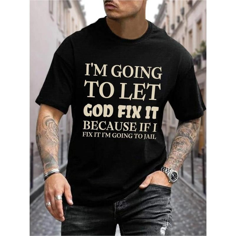 Print: "Let God solve" short sleeve T-shirt, men's casual T-shirt, summer daily wear, comfortable and breathable, not pick the figure Made in USA
