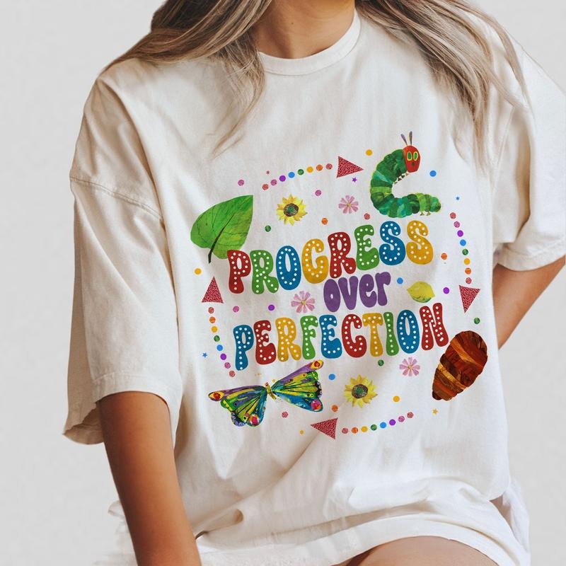 Progress Over Perfection Teacher Shirt, Gift for Teacher, Back to School Gift, Comfort Shirt for Funny Teacher T-Shirt, Butterflies Teacher Shirt, Inspirational Shirt, Gift For Teacher TShirt, Friends Shirt, Very Hungry Caterpillar Teacher Tee, Women Top