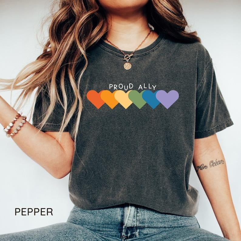 Proud Ally Shirt, Ally Pride Outfit, LGBTQ T-Shirt, Pride Month Clothing, Rainbow Hearts Gay Pride Shirt, Equality Shirt, LGBTQ Shirts