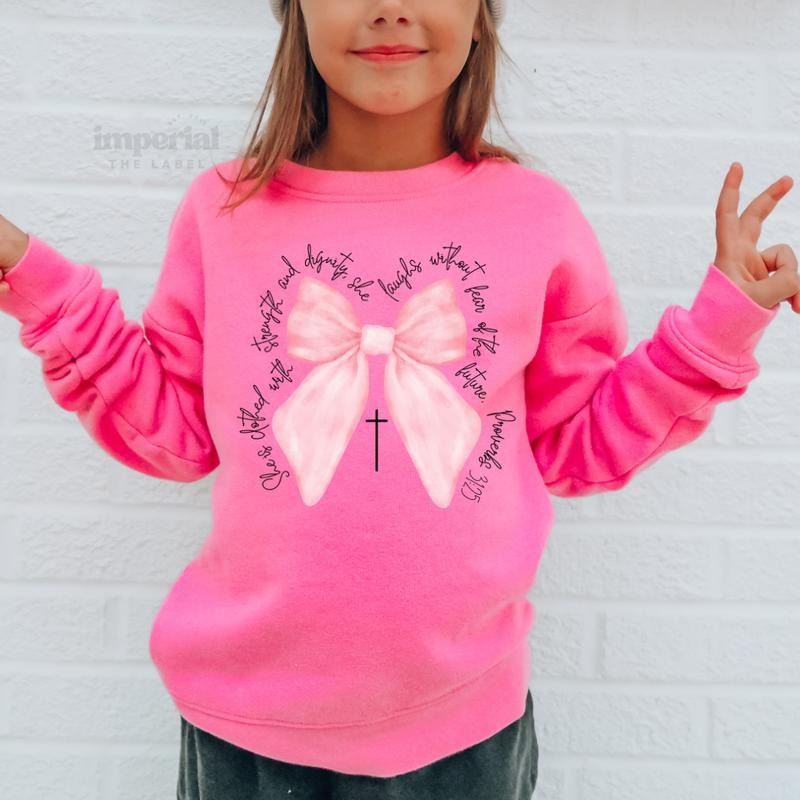 Proverbs 31:25 Youth Sweatshirt and Kid's Comfort Colors T-Shirt, Christian Youth Crewneck, Faith-Based Kids Pullover,...