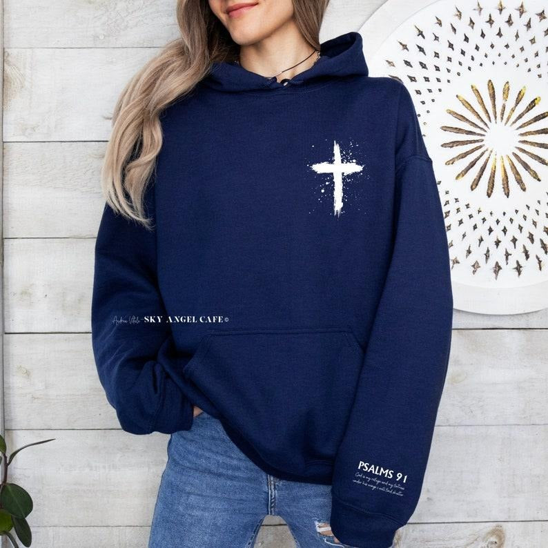 Psalms 91 Sleeve with Cross Hoodie, Church Bible Study Matching Tops, Christian Sweatshirt Aesthetic Hoodie Trendy T-shirt, sweater and Hoodie