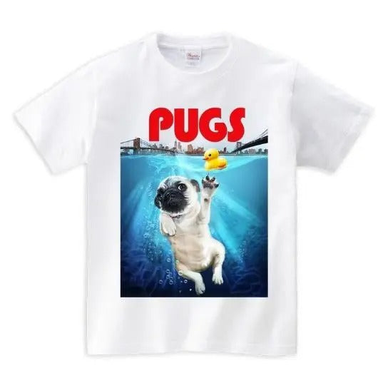 Pug Puppy Burst Out from Sea Terrorizing Rubber Duck, Manhattan Dog - Short Sleeve Unisex, Men Made in USA