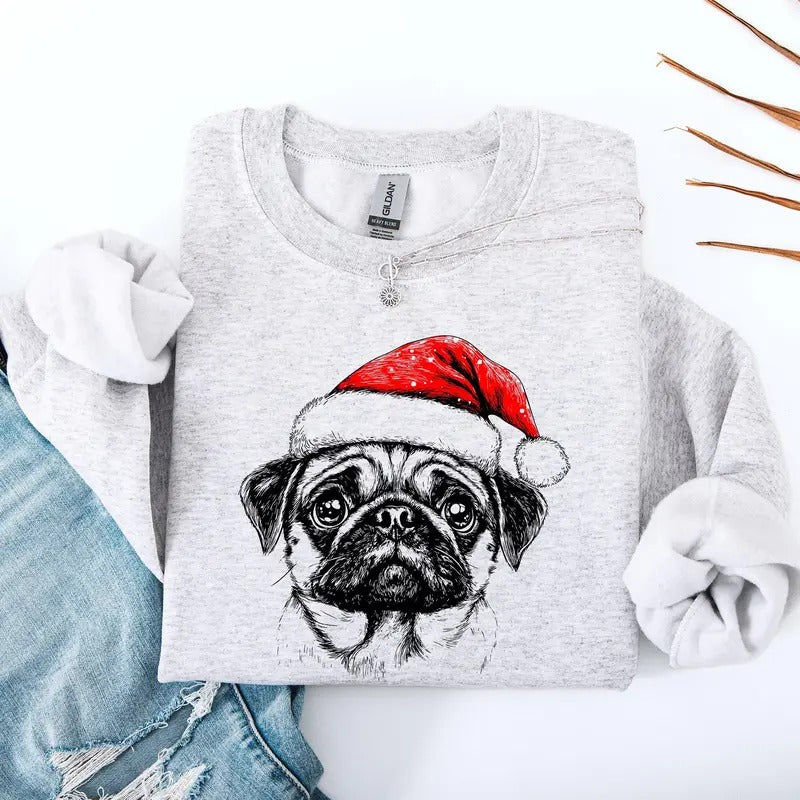 Pug, Santa, Dog, Christmas, Dog Lover, Pet Sweatshirt, Crew Neck, Women's, Crewneck T-Shirts, Hoodie | WearSparks.com