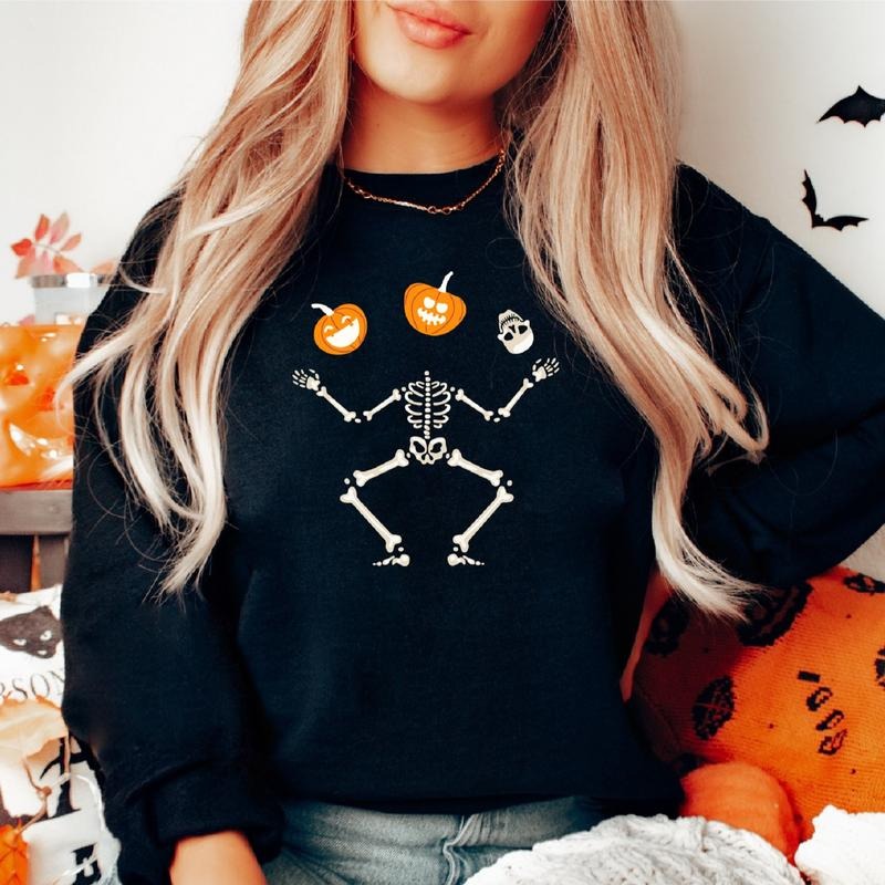 Pumpkin Skeleton Sweatshirt, Funny Halloween Hoodie, Unisex Fall Gift Sweater, Spooky Season Sweater, Dancing Skeleton Long Sleeve.