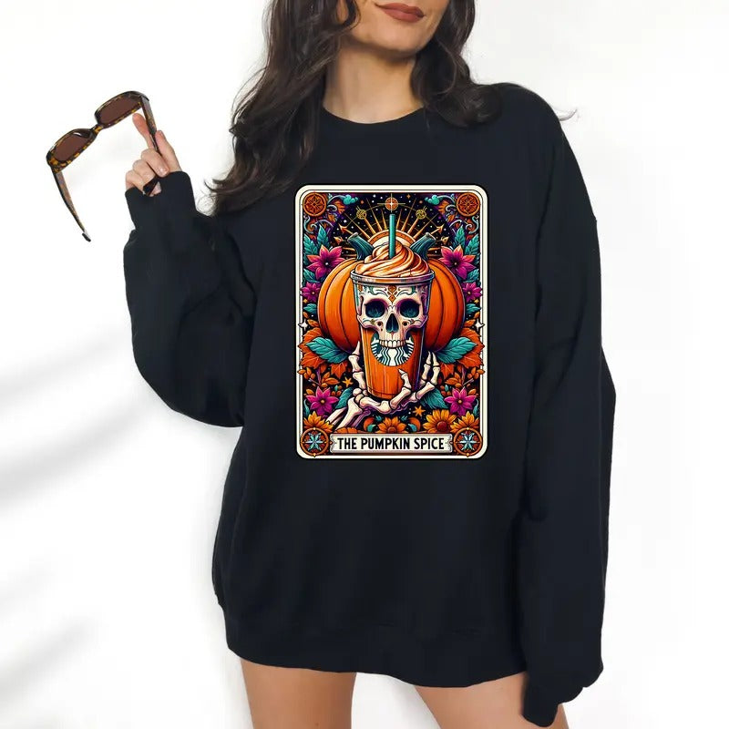 Pumpkin Spice Tarot Halloween Sweatshirt - DTF Print Unisex T-Shirt, Funny Tee, Funny Apparel, Gift Idea, Relaxed Fit, Casual Apparel, Cute Top, Great with Jeans, All Seasons, Fun Style, Comfortable Shirt