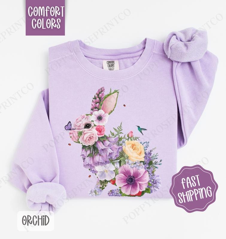 Purple Floral Bunny Comfort Colors Sweatshirt, Cute Easter Women's Crewneck, Trendy Bunny Women's Sweater, Gift for Her...